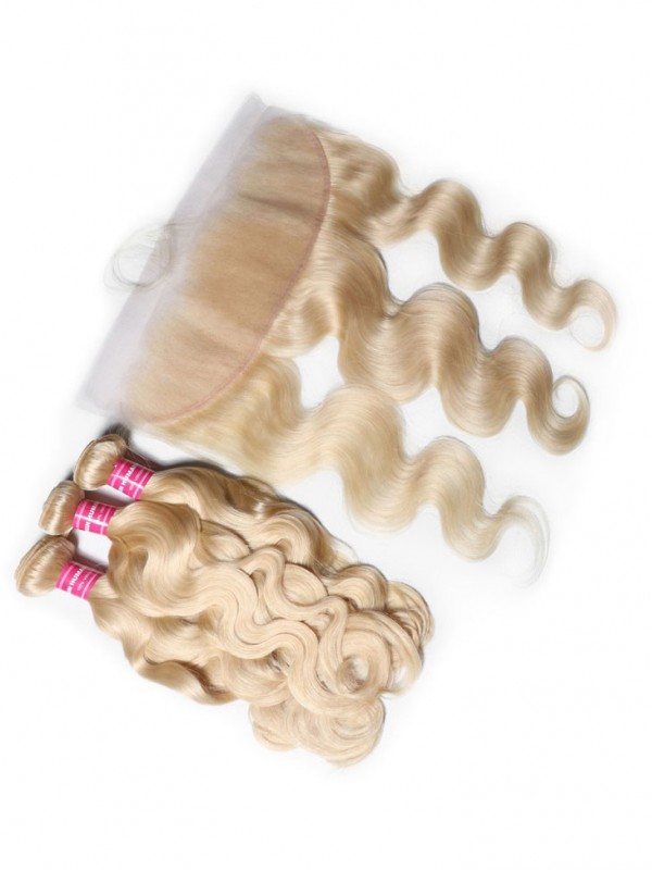 Human Hair Body Weave Color 613 Blonde Hair 100% Remy Human Hair Weaving 4Bundles With Frontal