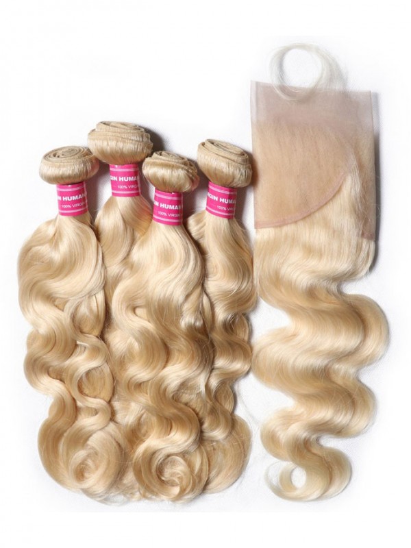 Human Hair Body Weave Color 613 Blonde Hair 100% Remy Human Hair Weaving 4Bundles With Frontal