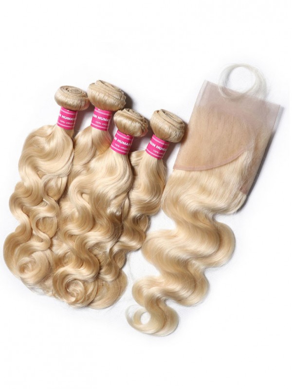 Human Hair Body Weave Color 613 Blonde Hair 100% Remy Human Hair Weaving 4Bundles With Frontal