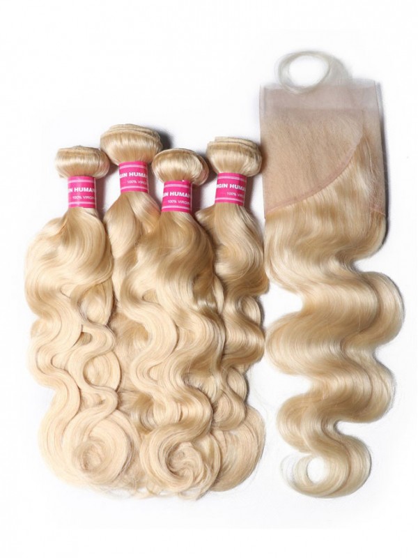 Human Hair Body Weave Color 613 Blonde Hair 100% Remy Human Hair Weaving 4Bundles With Frontal