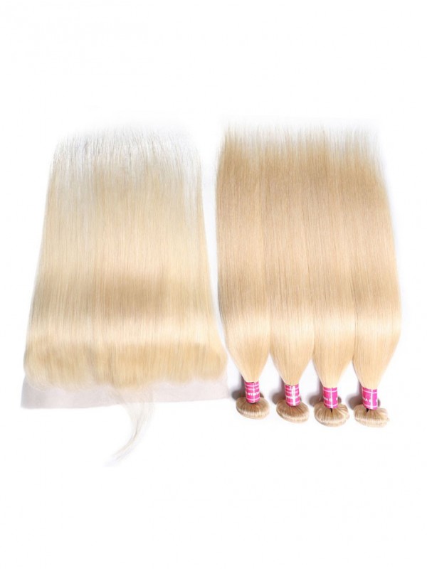 Blond Hair 4 Bundles Straight Virgin Hair With Lace Frontal 13x4 Affordable Human Hair #613 Clolor