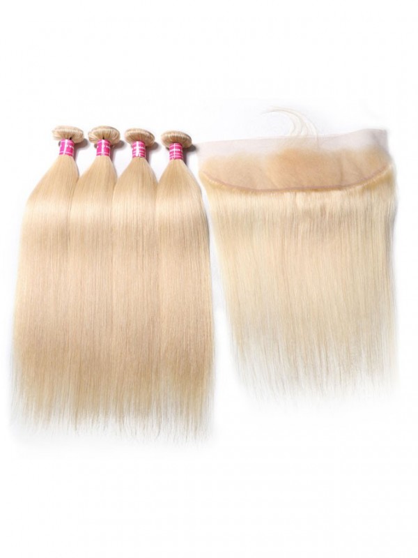 Blond Hair 4 Bundles Straight Virgin Hair With Lace Frontal 13x4 Affordable Human Hair #613 Clolor