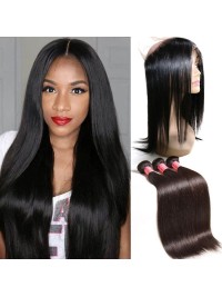 Straight Virgin Hair 3 Bundles With 360 Lace Frontal Closure Unprocessed Human Hair Weave