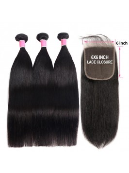 Straight Weave Hair 3 Bundle Deals With 6*6 Lace C...