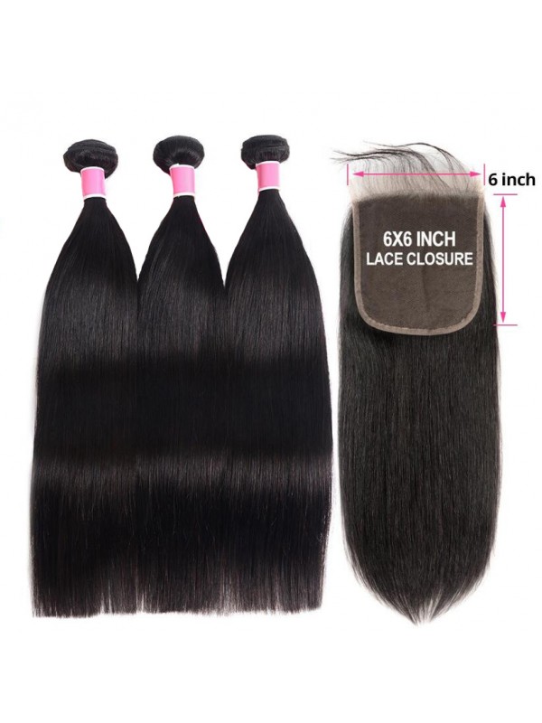 Straight Weave Hair 3 Bundle Deals With 6*6 Lace Closure