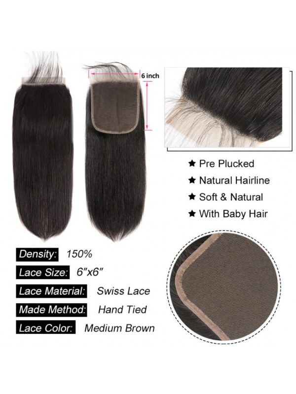 Straight Weave Hair 3 Bundle Deals With 6*6 Lace Closure