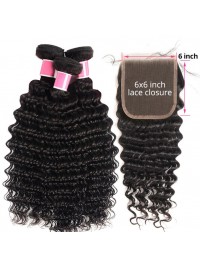 Deep Wave Weave Human Hair 3 Bundles With 6x6 Lace Closure