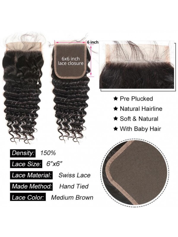Deep Wave Weave Human Hair 3 Bundles With 6x6 Lace Closure
