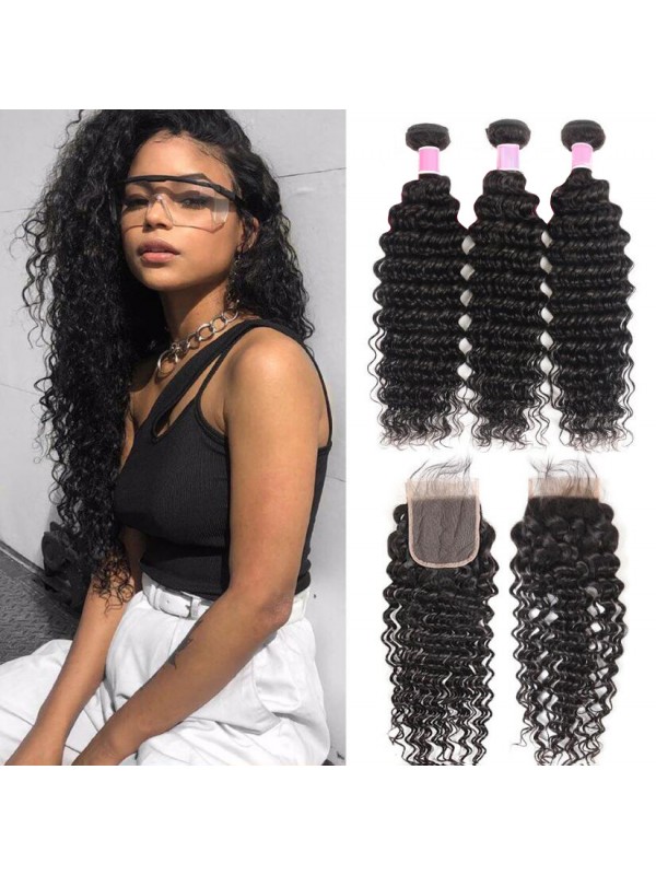 3 Bundles Deep Wave Hair With 4*4 Lace Closure Ali Pearl Brazilian Hair