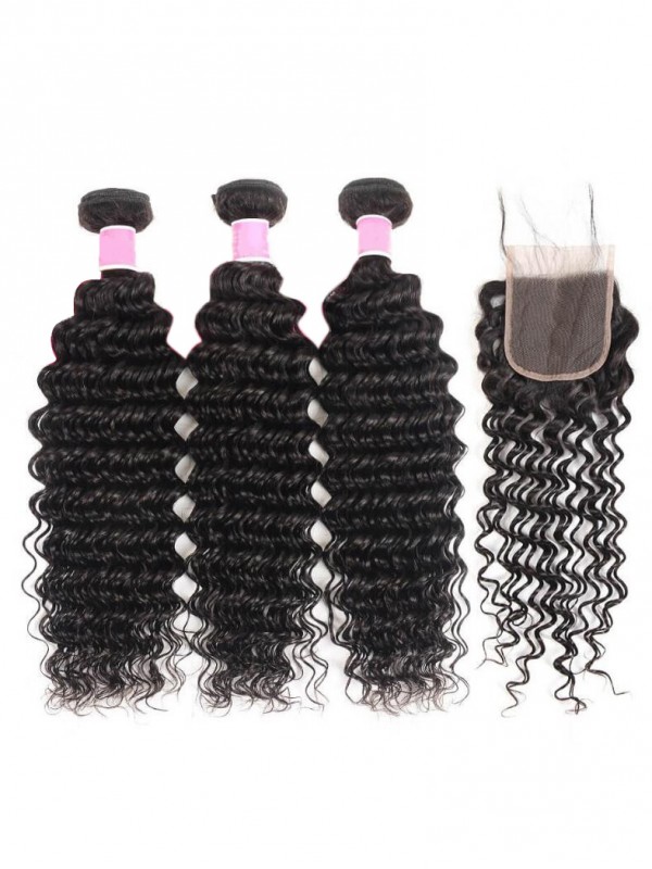 3 Bundles Deep Wave Hair With 4*4 Lace Closure Ali Pearl Brazilian Hair