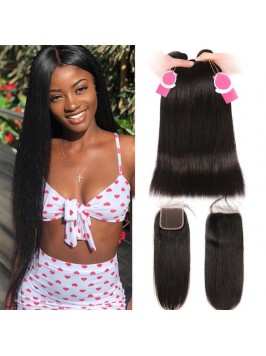 Unprocessed Brazilian Hair 3 pcs Straight With 4*4...