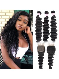 3 Bundles Brazilian Loose Deep Wave with 4X4 Lace Closure