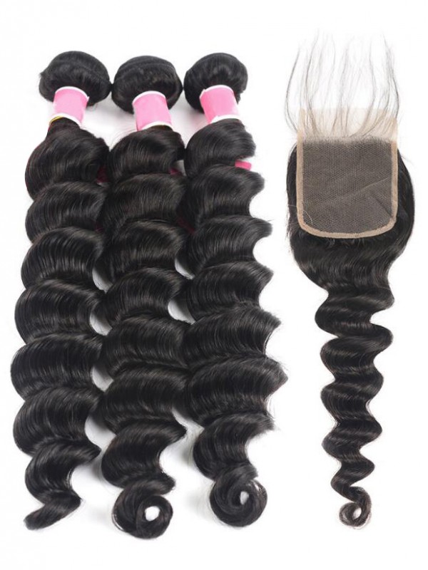 3 Bundles Brazilian Loose Deep Wave with 4X4 Lace Closure