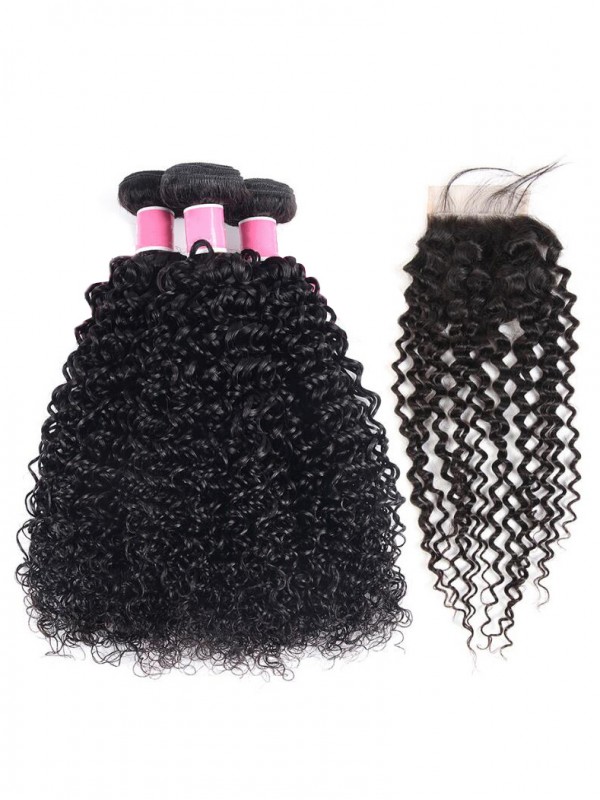 Kinky Curly Hair 3 Bundles With 4*4 Lace Closure Soft Brazilian Hair