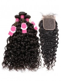 Brazilian Hair 3 Bundles Natural Wave With 4*4 Lace Closure