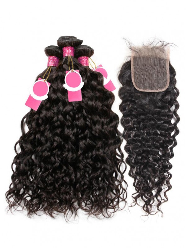 Brazilian Hair 3 Bundles Natural Wave With 4*4 Lace Closure