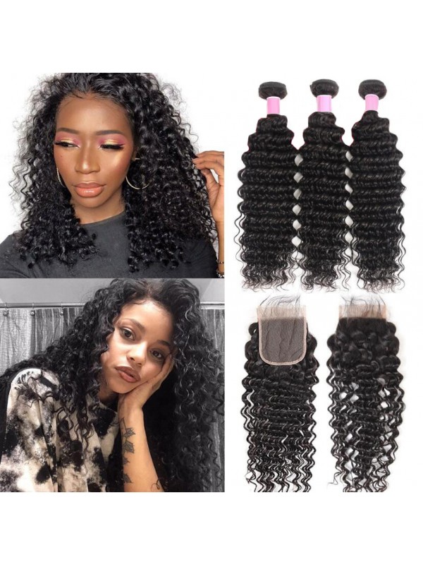 Malaysian Virgin Hair 3 Bundles Deep Wave with Lace Closure