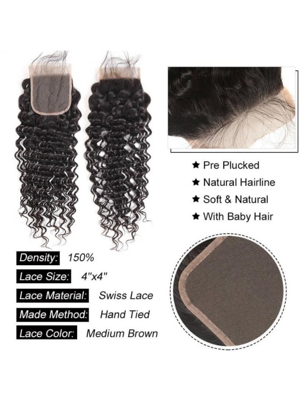 Malaysian Virgin Hair 3 Bundles Deep Wave with Lace Closure