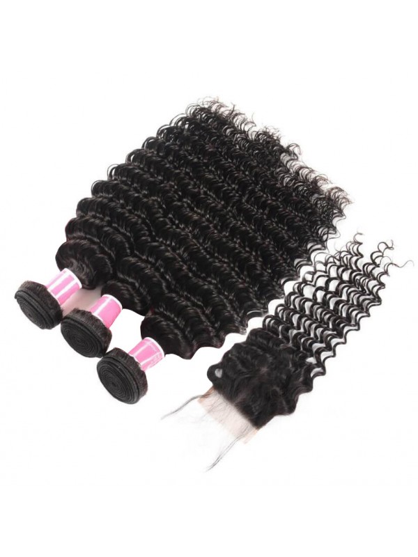 Malaysian Virgin Hair 3 Bundles Deep Wave with Lace Closure