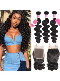 3pcs/packet Loose Wave With 4*4 Lace Closure Peruvian Human Hair