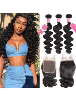 3pcs/packet Loose Wave With 4*4 Lace Closure Peruv...