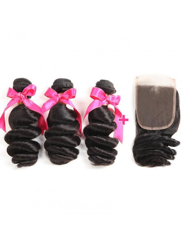 3pcs/packet Loose Wave With 4*4 Lace Closure Peruvian Human Hair