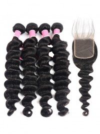 Peruvian Human Hair 4pcs Loose Deep Wave with Lace Closure