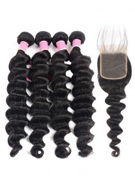 Peruvian Human Hair 4pcs Loose Deep Wave with Lace...