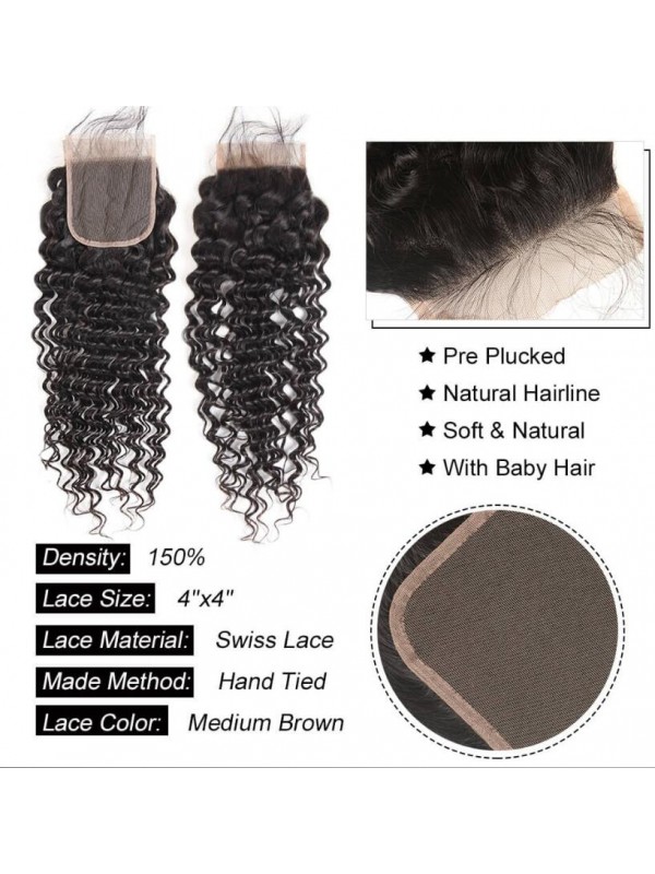 Unprocessed Peruvian Hair Deep Wave Bundles with Lace Closure