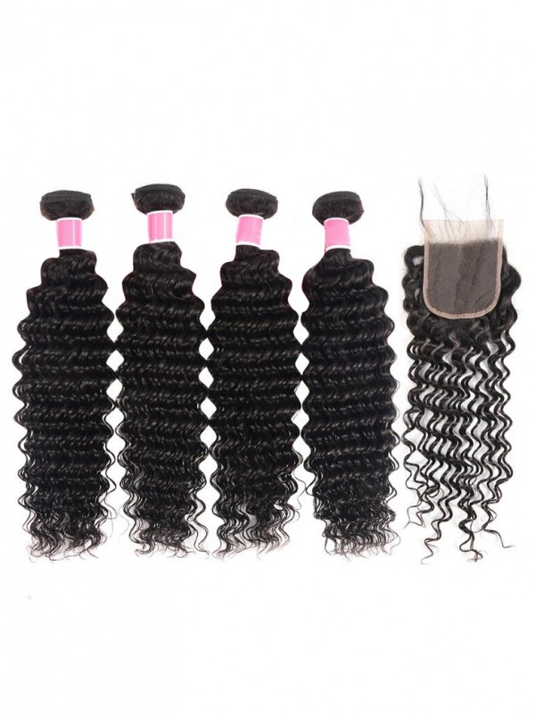 Unprocessed Peruvian Hair Deep Wave Bundles with Lace Closure