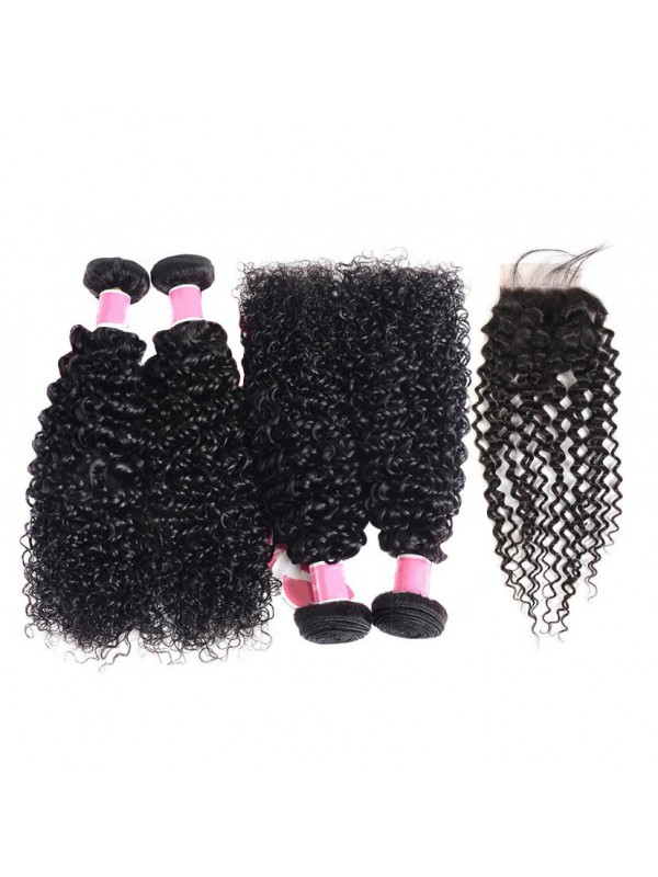 Cheap Real Hair Extensions 4 Bundles Kinky Curly With Lace Closure With Baby Hair