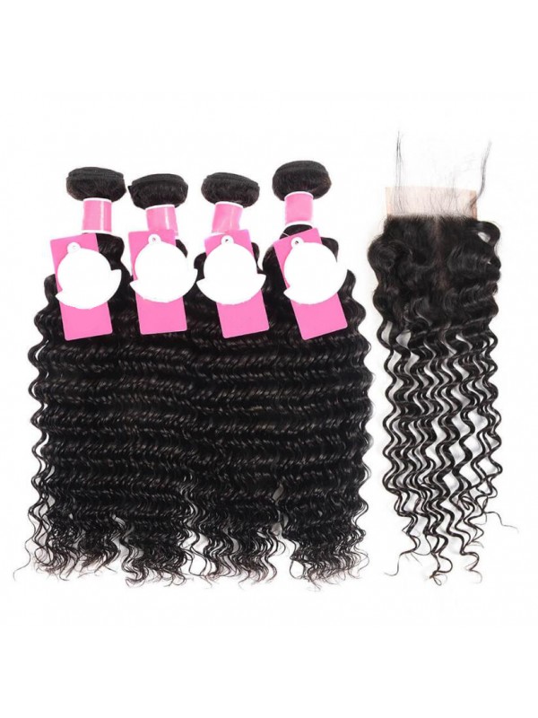 Deep Wave Hairstyles Brazilian Human Hair 4 Bundles With 4*4 Lace Closure