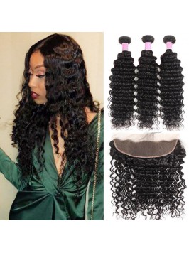 Deep Wave 3 Bundles with 13*4 Lace Frontal Malaysi...