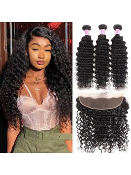 Indian Hair 3pcs Deep Wave With 13*4 Lace Frontal