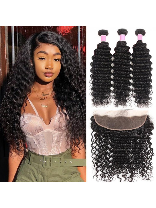 Indian Hair 3pcs Deep Wave With 13*4 Lace Frontal