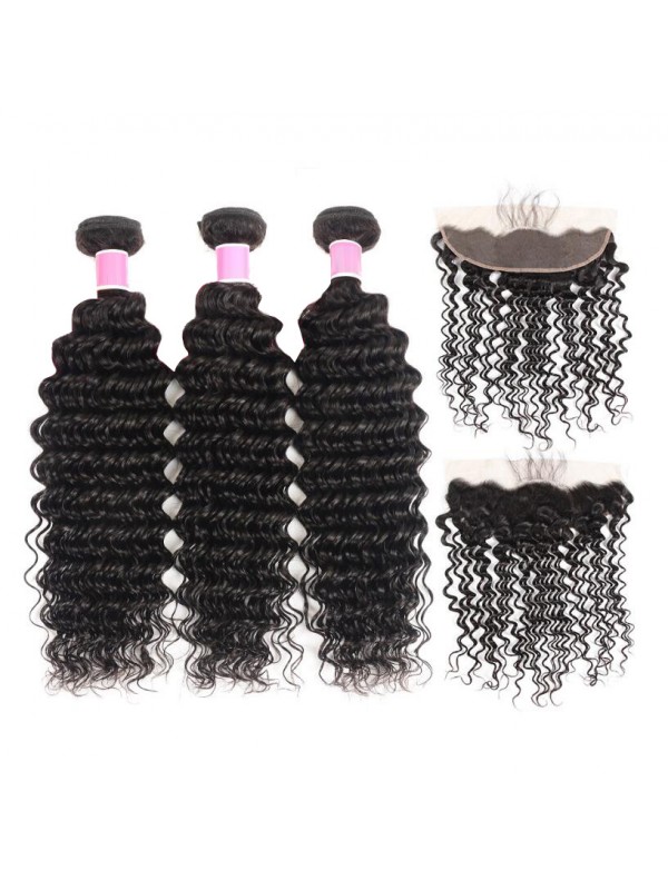 Indian Hair 3pcs Deep Wave With 13*4 Lace Frontal