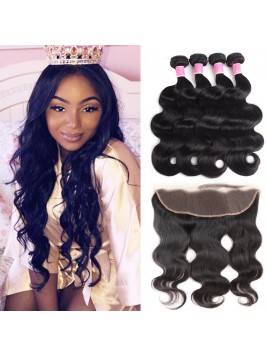 Peruvian Virgin Hair Body Wave 4 Bundles With 13x4...