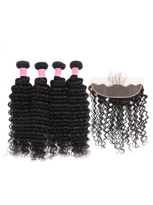 Malaysian VIrgin Hair 4pcs Deep Wave with 13*4 Lace Frontal