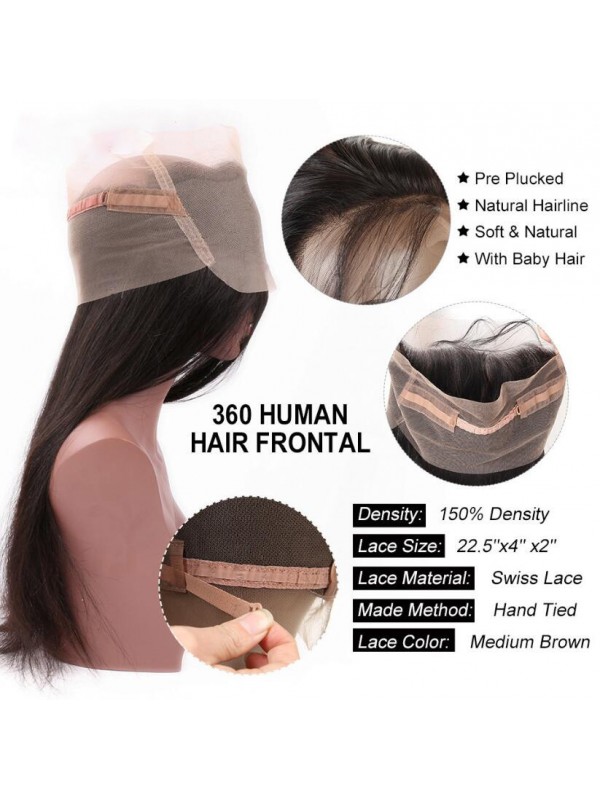 Brazilian 2 Bundles Straight Virgin Human Hair 360 Lace Frontal