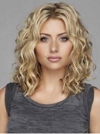 Blonde Central Parting Wavy Medium Capless Human Hair Wigs 16 Inches