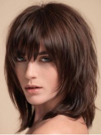 Brown Shoulder Length Straight Capless Human Hair Wigs With Bangs