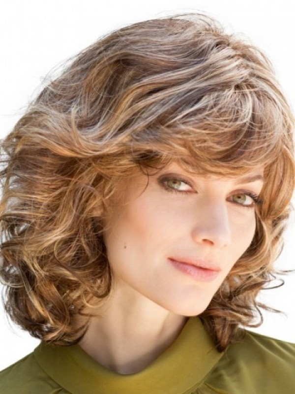 Bob Style Two-Tones Human Hair Wavy Capless Wigs With Bangs