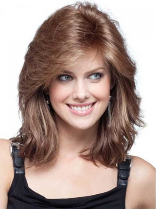 Light Brown Medium Wavy Capless Remy Human Hair Wigs 12 Inches