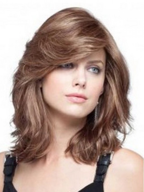 Light Brown Medium Wavy Capless Remy Human Hair Wigs 12 Inches