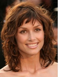 Medium Layered Wavy Capless Human Hair Wigs 14 Inches With Bangs