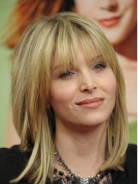 Blonde Medium Human Hair Lace Front Wigs 14 Inches With Bangs