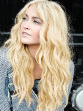 Central Parting Long Blonde Human Hair Wavy Lace F...