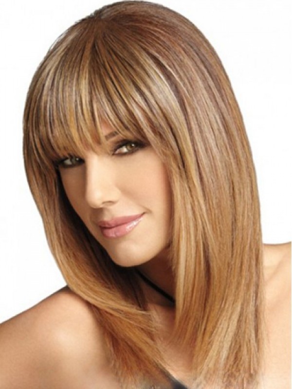 Medium Blonde Capless With Full Bang Human Hair Wigs 16 Inches