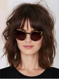 Brown Medium Wavy Capless Remy Human Hair Wigs 14 Inches With Bangs