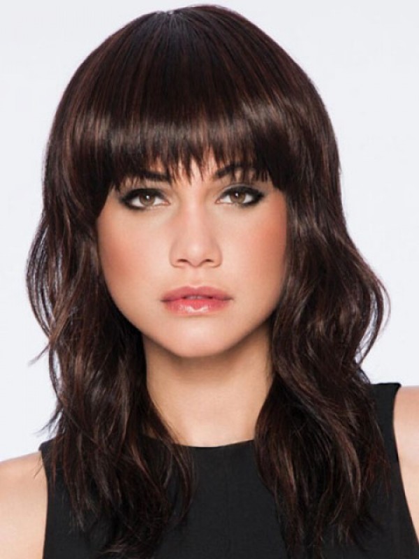 Brown Long Loose Wave Capless Human Hair Wigs With Bangs